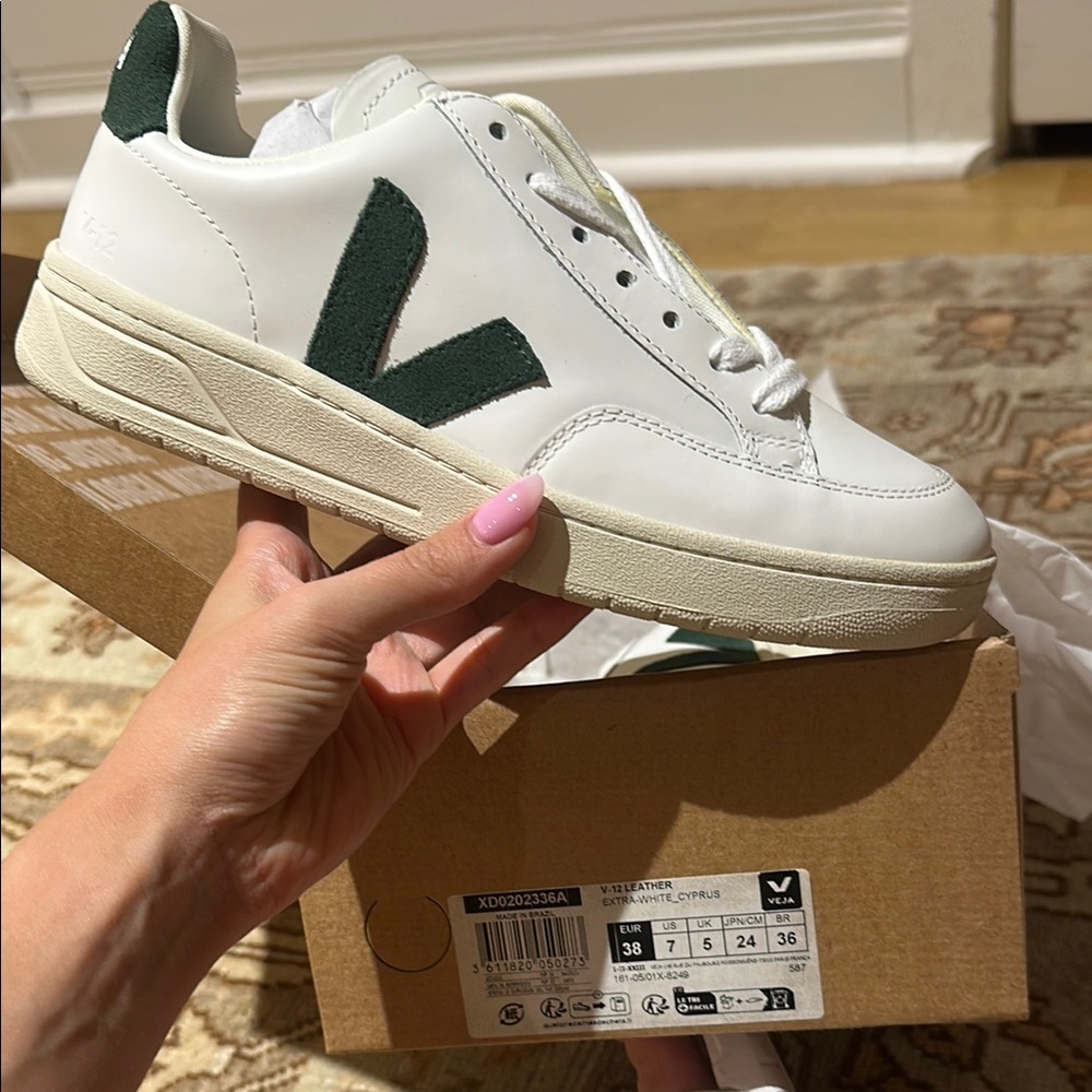 Veja White Leather Sneaker with Dark Green V Accent